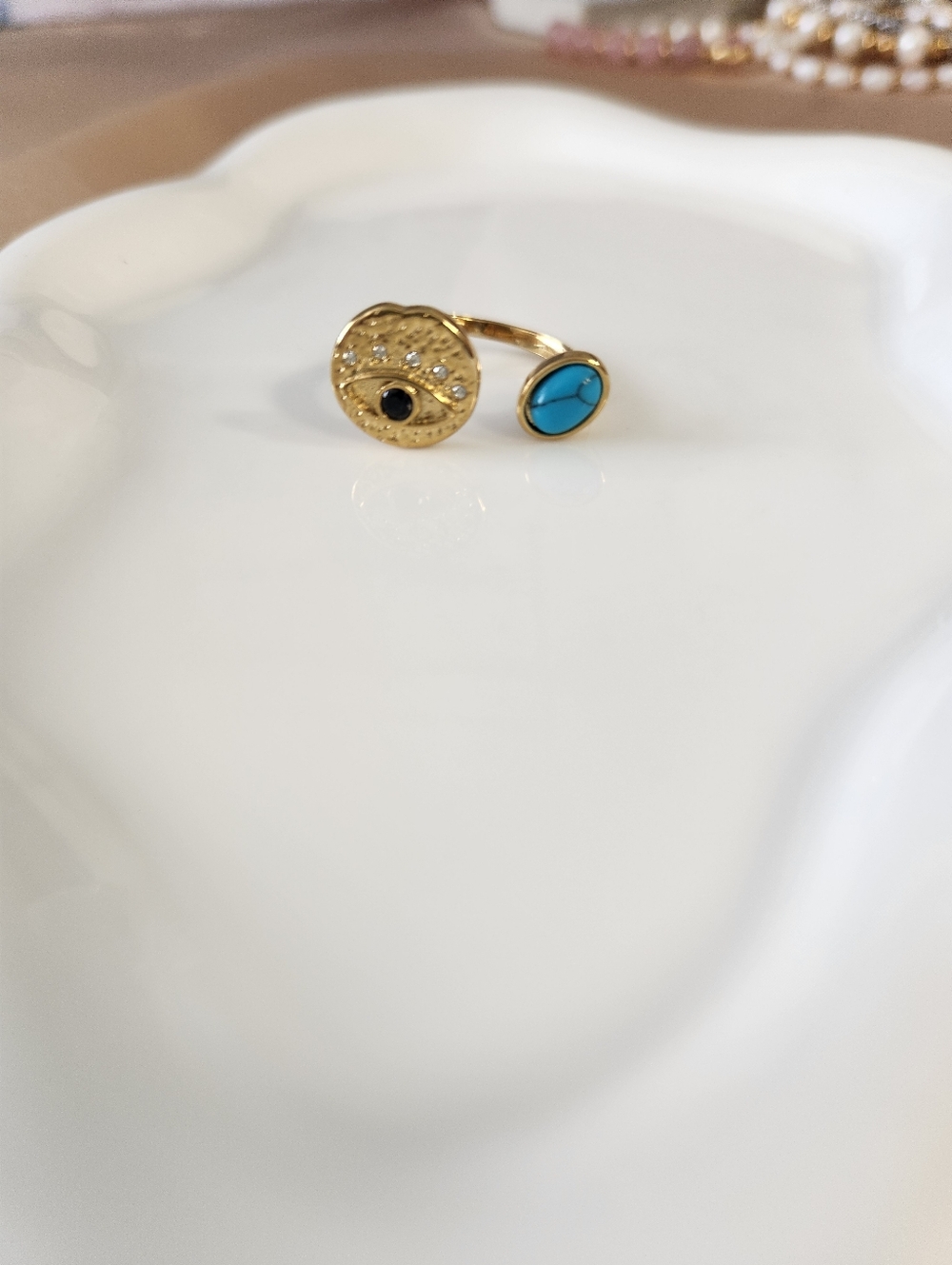 Gold Open Ring with Turquoise Stone and Pave Evil Eye  Accent